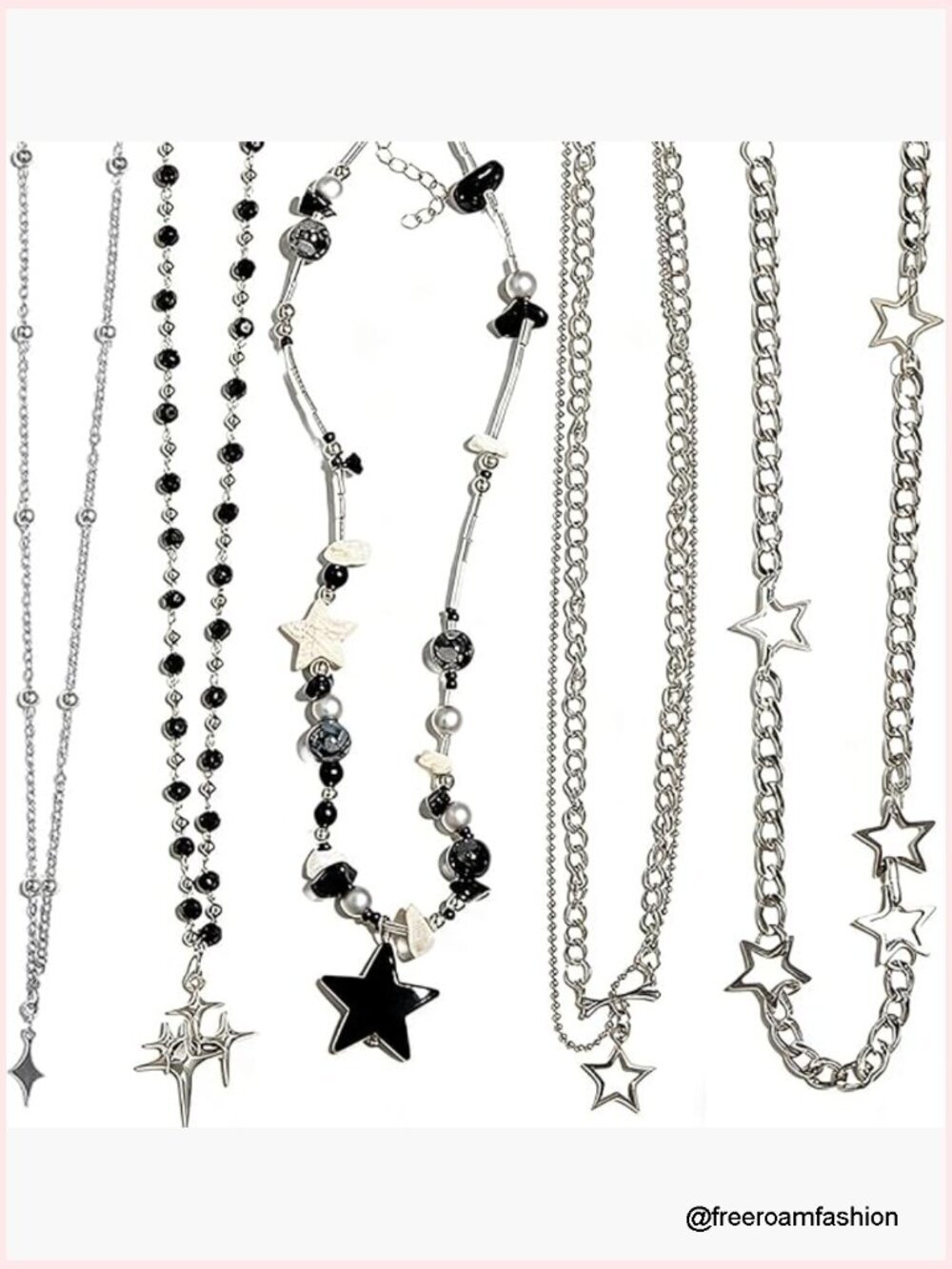 5pc Y2K Gothic Necklace Set Star Cross Pendant Beaded Chain Grunge Edgy Punk